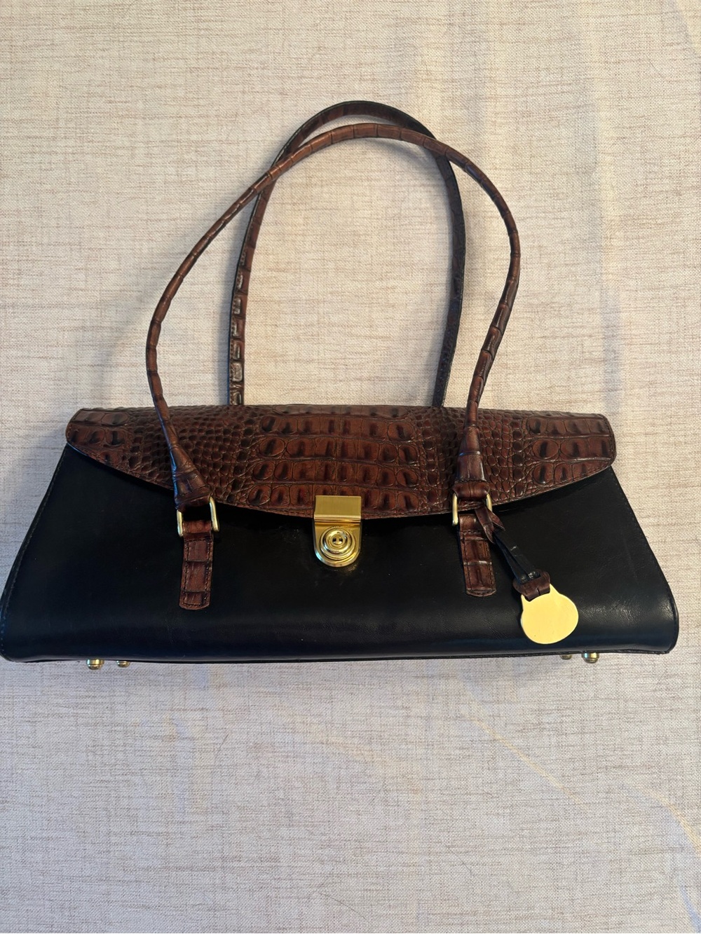 Brahmin Black Leather Shoulder Bag with Brown Croc-Texture Flap